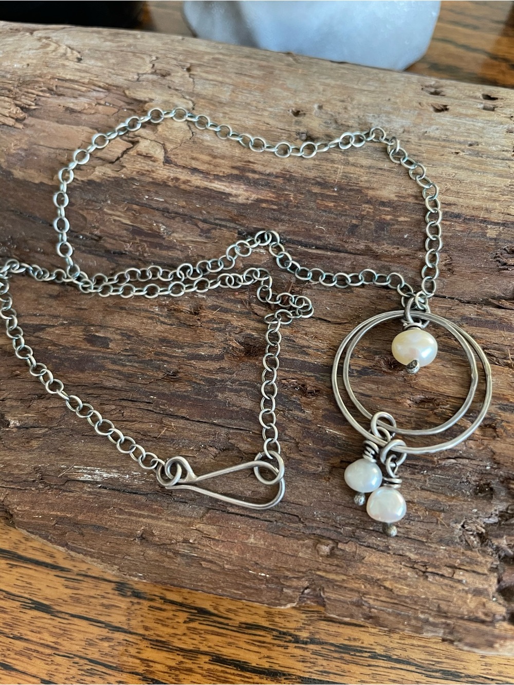 Oxidized Sterling Silver Pearl Circle Pendant Necklace - White Pearls